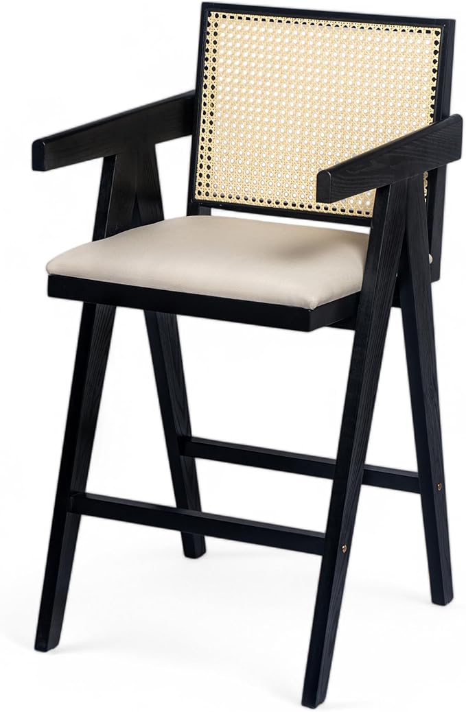 Modern Dining Chairs,Sturdy Rubberwood Frame with Woven Cane Backrest,Set of 2,Stylish Simple Natural Design,Applicable To Front Porch,Outdoor Lounge,Kitchen Island Bar Stools,Versatile Use,BlackNatur
