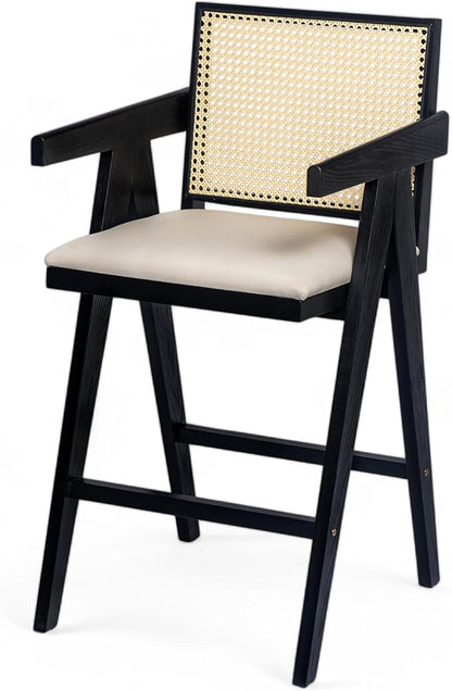 Modern Dining Chairs,Sturdy Rubberwood Frame with Woven Cane Backrest,Set of 2,Stylish Simple Natural Design,Applicable To Front Porch,Outdoor Lounge,Kitchen Island Bar Stools,Versatile Use,BlackNatur