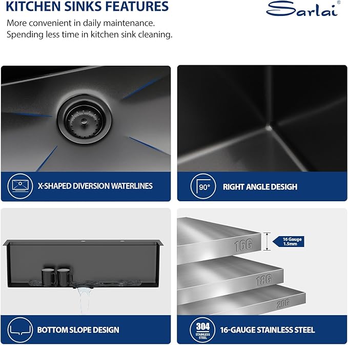 Sarlai 33 Matte Black Drop-In Kitchen Sink Workstation - 33x22 Inch Drop Kitchen Sink with Ledge NANO-Tech Black Topmount Round Corner 16 Gauge Stainless Steel Single Bowl Sinks Basin