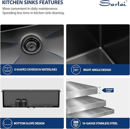 Sarlai 36 Inch Drop In Kitchen Sink - 36x22 Black Drop Kitchen Sink Ledge Workstation 16 Gauge Stainless Steel Gunmetal Black Sinks Topmount Single Bowl Over Counter Sinks Basin Round Corners