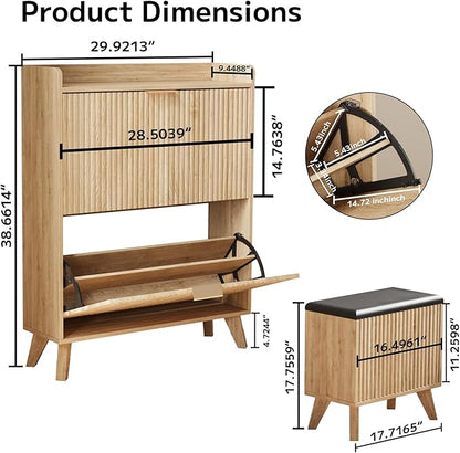 Fluted Shoe Cabinet Storage with Bench, Wood Narrow Hidden Shoe Cabinet with 2 Flip Drawers Wood Legs Adjustable Shelf for Entryway, L-Shaped Shoe Rack Organizer for Foyer Hallway Living Room
