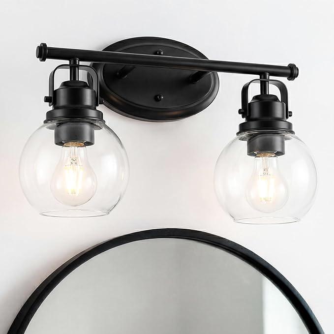 Black Bathroom Light Fixtures, 2-Light 14" Vanity Lights with Clear Globe Glass Shades, Farmhouse Vintage Vanity Lighting Fixtures Over Mirror, E26 Base, AD-2147-2W-BK