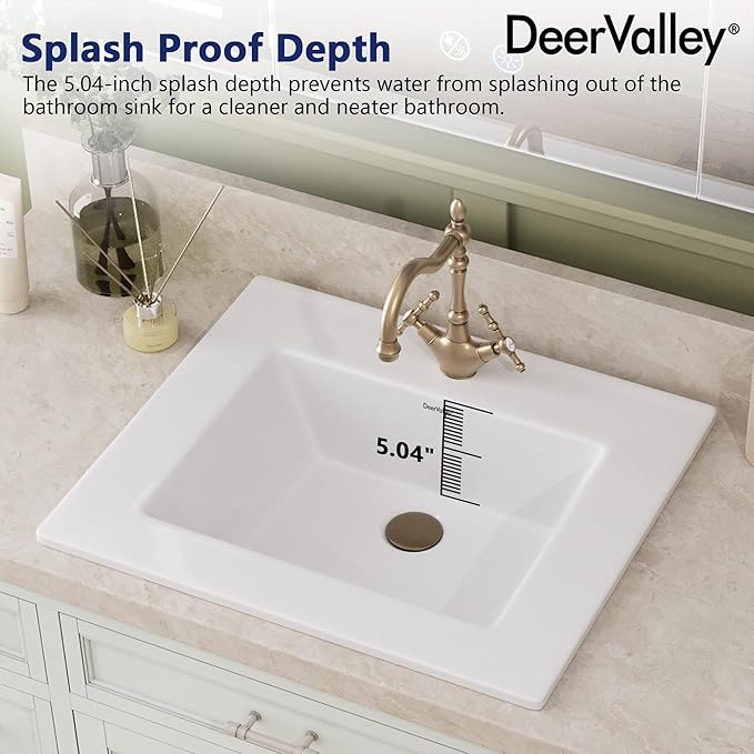 DeerValley Rectangle Drop-In Bathroom Sink 21x18 Inch, White Ceramic Vessel with Overflow and Pre-Drilled Faucet Hole