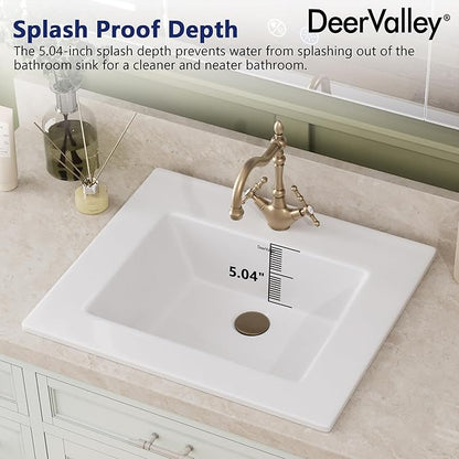 DeerValley Rectangle Drop-In Bathroom Sink 21x18 Inch, White Ceramic Vessel with Overflow and Pre-Drilled Faucet Hole