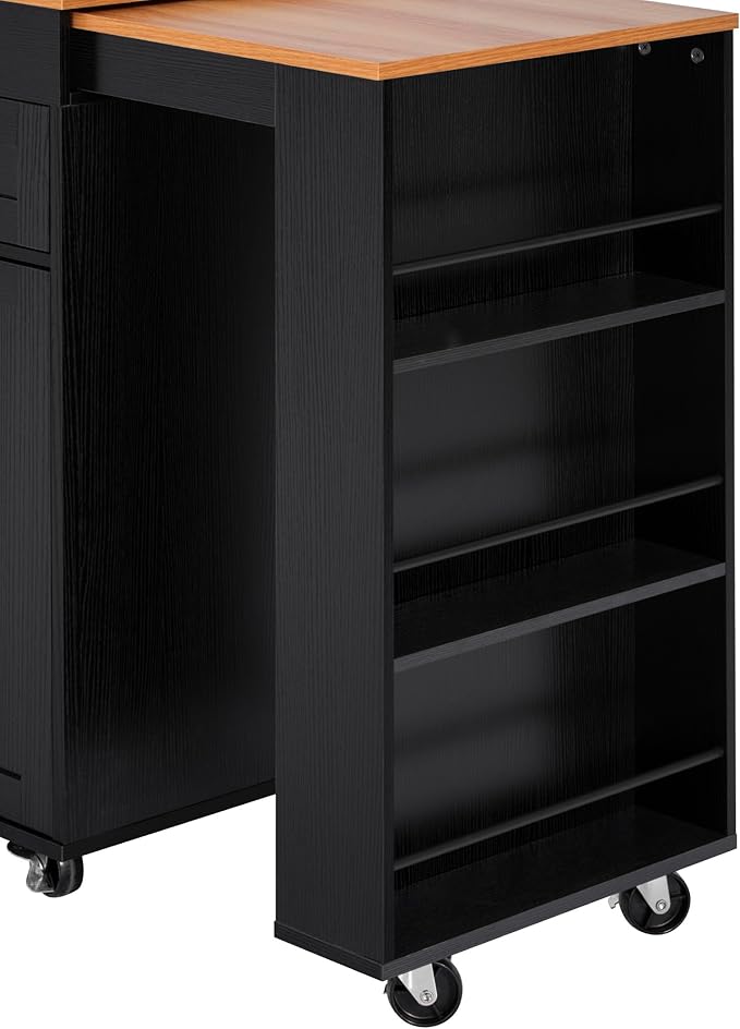 Polibi 85.5" Rolling Kitchen Island with Extendable Dining Table, 3 Drawers, 2 Doors, 3-Tier Open Shelves, Power Outlet, Mobile Cart with Wheels for Kitchen Storage, Black