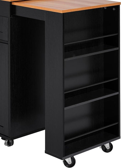 Polibi 85.5" Rolling Kitchen Island with Extendable Dining Table, 3 Drawers, 2 Doors, 3-Tier Open Shelves, Power Outlet, Mobile Cart with Wheels for Kitchen Storage, Black
