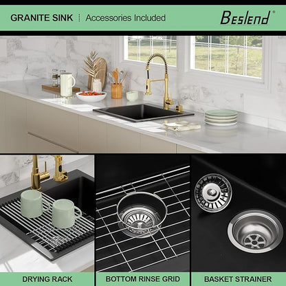 25 Granite Composite Kitchen Sink - Beslend 25x22 Inch Drop In Granite Kitchen Sink Topmount Black Quartz Sinks Classic Above Counter Single Bowl Basin