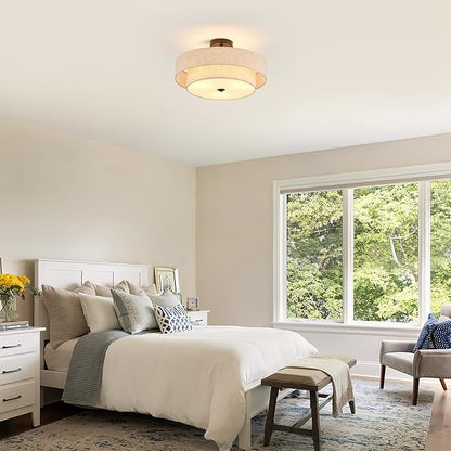 Modern Semi Flush Mount Ceiling Light 18" Modern 3-Lights Black Drum Ceiling Lighting Fixture with Linen Shade Vintage Ceiling Lamp for Kitchen, Basement, Laundry Room, Bedroom