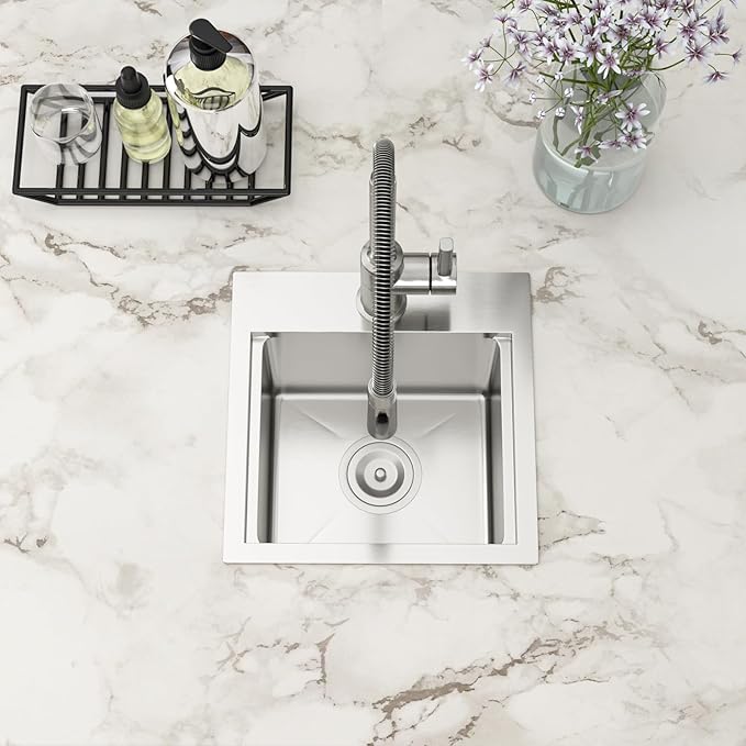 15 Inch Drop In Bar Sink Wet Bar RV Sink 16 Gauge Stainless Steel Single Bowl Handmade Small Kitchen Sink 15"x15"x9"