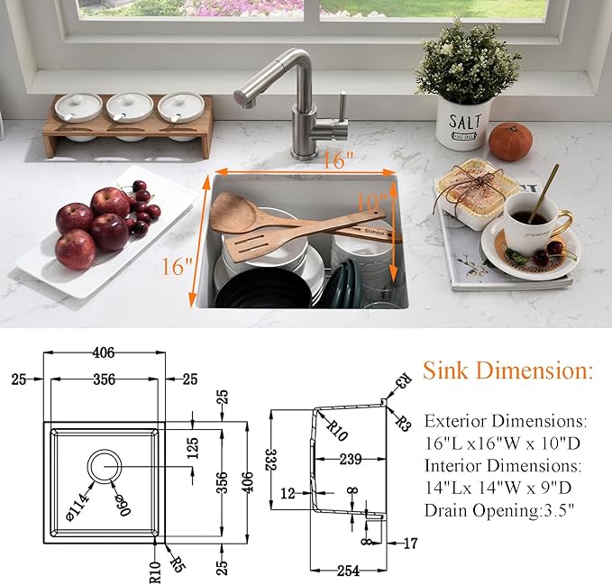 Undermount White Bar Sink, 16x16 Inch Small Granite Composite Wet Bar Sink with Faucet Combo Single Bowl Outdoor Quartz Undermount Sink for Island Station, Small Space