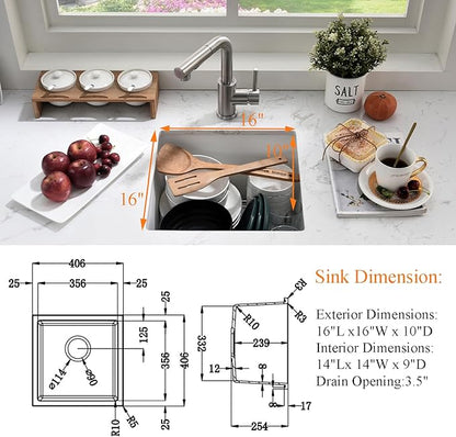 Undermount White Bar Sink, 16x16 Inch Small Granite Composite Wet Bar Sink with Faucet Combo Single Bowl Outdoor Quartz Undermount Sink for Island Station, Small Space