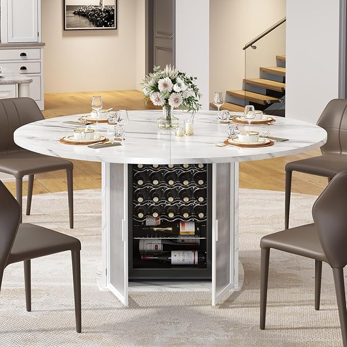 IBF 47" Round Dining Table with Storage, White Faux Marble Kitchen Tables for 4-6 People, Modern Dining Room Table with Fridge Space, Wood Circle Dinner Tables for Home, White Marble, Only Table