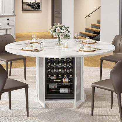 IBF 47" Round Dining Table with Storage, White Faux Marble Kitchen Tables for 4-6 People, Modern Dining Room Table with Fridge Space, Wood Circle Dinner Tables for Home, White Marble, Only Table