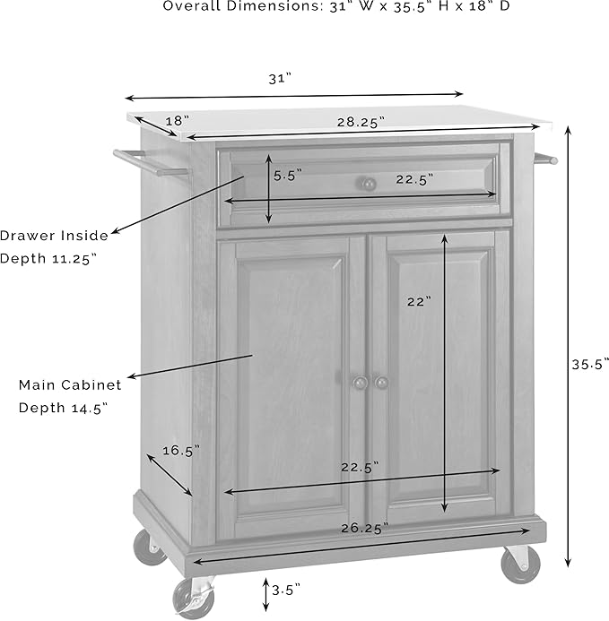 Crosley Furniture Compact Granite Top Small Rolling Cart with Shelves, Microwave Stand with Towel Rack, White