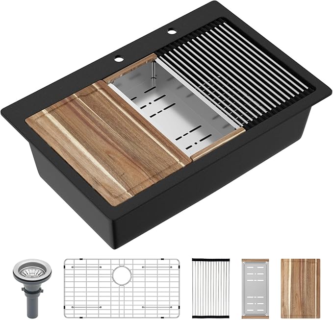 33x22 Black Drop in Kitchen Sink Workstation - Couoko Matte Black Quartz Granite Composite Single Bowl Drop In Sinks Large Deep Classic Topmount Sink Basin with Luxury Accessories