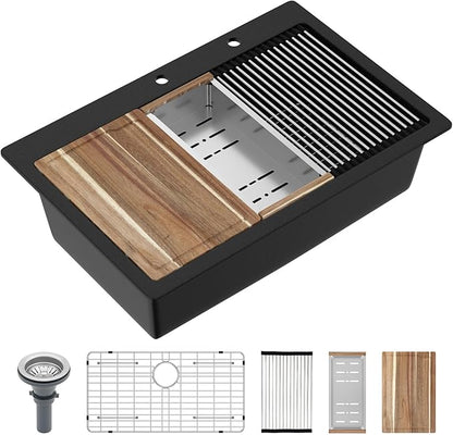 33x22 Black Drop in Kitchen Sink Workstation - Couoko Matte Black Quartz Granite Composite Single Bowl Drop In Sinks Large Deep Classic Topmount Sink Basin with Luxury Accessories