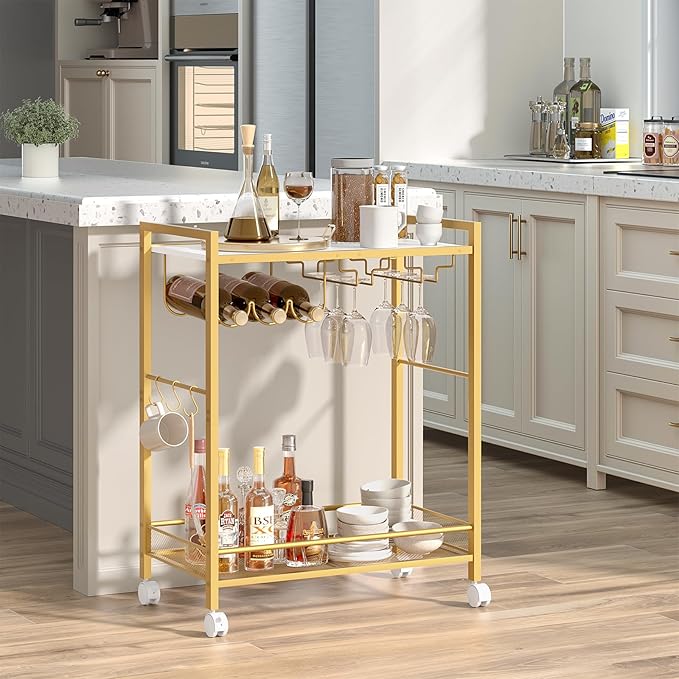 Joaxswe Bar Cart, Home Bar Serving Cart with 2-Tier Shelf,Rolling Beverage Cart with Wheels,Mobile Kitchen Shelf,Modern Wine Drink Cart with Wine Rack and Glass Holder for Kitchen,Dinning Room,Gold