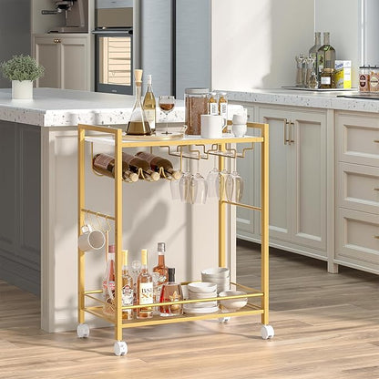 Joaxswe Bar Cart, Home Bar Serving Cart with 2-Tier Shelf,Rolling Beverage Cart with Wheels,Mobile Kitchen Shelf,Modern Wine Drink Cart with Wine Rack and Glass Holder for Kitchen,Dinning Room,Gold