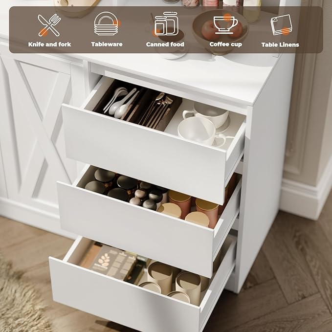 Loomie Farmhouse Sideboard Buffet Cabinet with Storage, 59" Kitchen Storage Cabinet with Power Outlet & LED Light, Coffee Bar w/Microwave Stand & Doors & Drawers & Hooks & Adjusted Shelves (White)