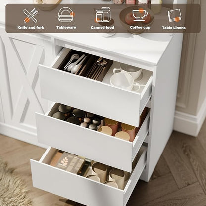 Loomie Farmhouse Sideboard Buffet Cabinet with Storage, 59" Kitchen Storage Cabinet with Power Outlet & LED Light, Coffee Bar w/Microwave Stand & Doors & Drawers & Hooks & Adjusted Shelves (White)
