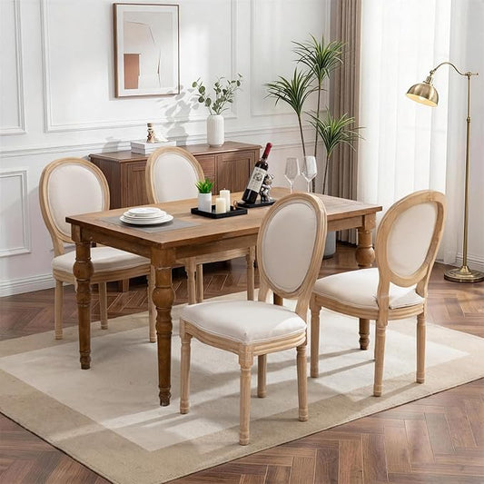 SoarFlash French Dining Chairs Set of 4, Vantage Linen Dining Chair with Round Back, Farmhouse Country Dining Chair for Kitchen,Restaurant,Beige