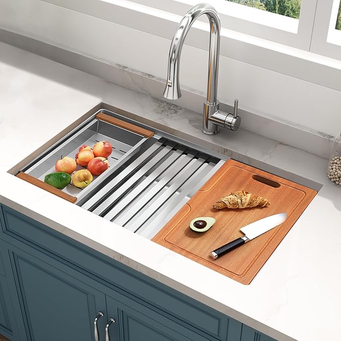 Undermount Kitchen Sink 28 inch,16 gauge Stainless Steel Workstation Sink,Deep and Large Single Bowl Kitchen Sinks Offset Drain (28" X 18")