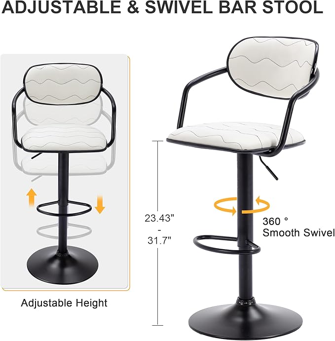 VECELO Bar Stools Set of 2, Adjustable Counter Height Barstools with Back and Arm, Swivel Bar Chairs/PU Leather Kitchen Island Stools for Pub/Dining Room/Living Room, White