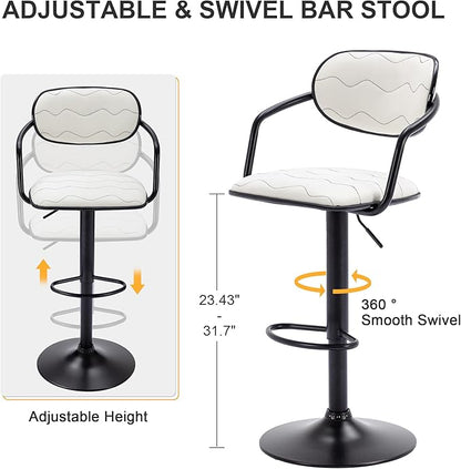 VECELO Bar Stools Set of 2, Adjustable Counter Height Barstools with Back and Arm, Swivel Bar Chairs/PU Leather Kitchen Island Stools for Pub/Dining Room/Living Room, White