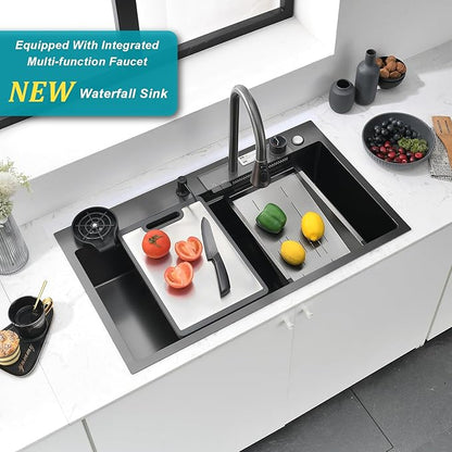 Waterfall Kitchen Sink 33" x 20" Drop-in Single Bowl Sinks, SUS304 Workstation Handmade Undermount Sink With Pull-out Faucet, Cup Washer & Accessories