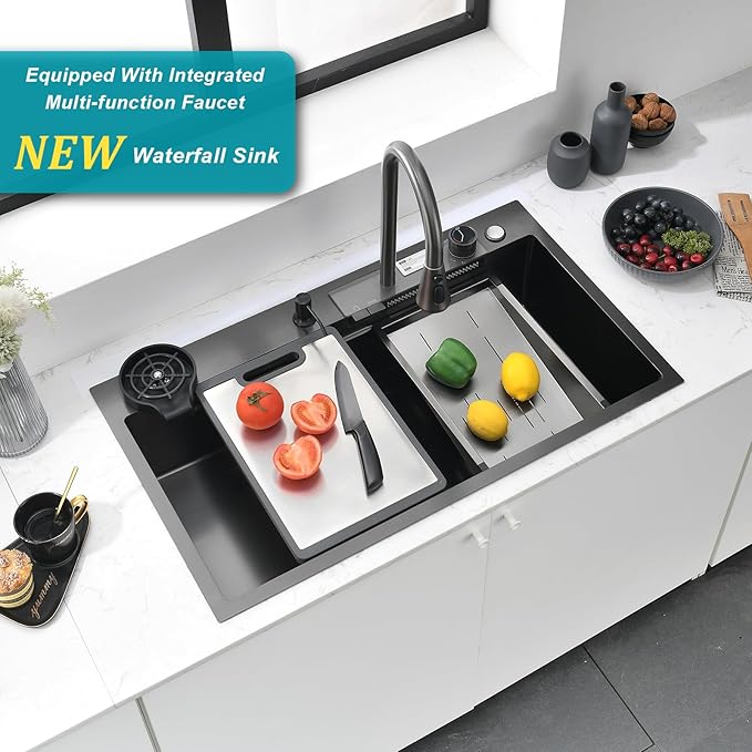 Drop In Waterfall Kitchen Sink, 34 x 20 Inch Topmount/Undermount Stainless Steel Single Bowl Sink With Sliding Tracks, Workstation sink with Complete Accessories Easy Clean