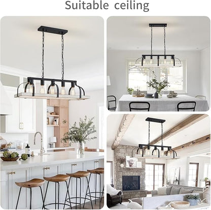 WUZUPS 5-Light Metal Chandelier Imitation Wood Grain Linear Pendant Ceiling Lighting Rustic Farmhouse Fixture Kitchen Island Dining Room, H 8.5" L 31.5" W10, E26 Base, Black & Antique White
