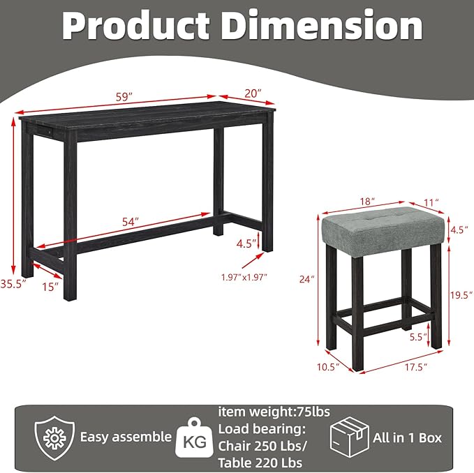 59 inch Bar Table and Chairs Set with with Power Outlet, Industrial Hight Counter Height Bar Table with 3 Upholstered Stools,4 Pieces Space-Save Breakfast Table Set for Kitchen Dining Room (Black)