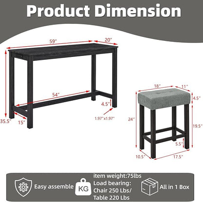 59 inch Bar Table and Chairs Set with with Power Outlet, Industrial Hight Counter Height Bar Table with 3 Upholstered Stools,4 Pieces Space-Save Breakfast Table Set for Kitchen Dining Room (Black)