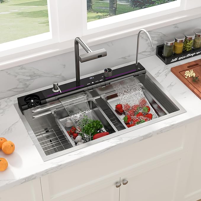 Sarlai 30 Inch Waterfall Kitchen Sink - 30x19 Inch Drop In Workstation Sink With Waterfall Stainless Steel 16 Gauge Multifunction Single Bowl Top Mount Kitchen Sinks with HoneyComb Finish