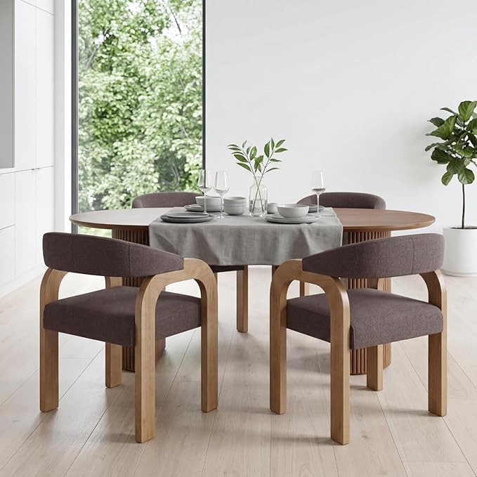 Farmhouse Dining Chairs Set of 4 - Upholstered Armchairs with Linen Cushions & Curved Wooden Arms, Barrel Wood Kitchen Chairs for Dining Room/Cafe/Kitchen Island (Espresso Brown)