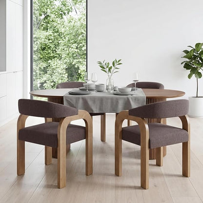 Farmhouse Dining Chairs Set of 4 - Upholstered Armchairs with Linen Cushions & Curved Wooden Arms, Barrel Wood Kitchen Chairs for Dining Room/Cafe/Kitchen Island (Espresso Brown)