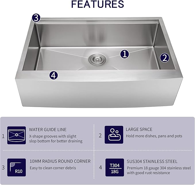 CELAENO Stainless Steel Farmhouse Sink 30 inch, Single Bowl Kitchen Sink Workstation 18 Gauge, Handmade R10 Radius Corners Rear Drain Farm Sink (Stainless Steel, 30" x 22" x 9")