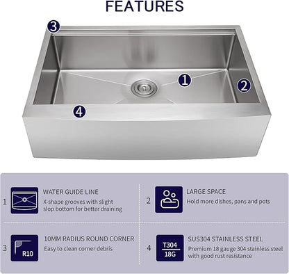 CELAENO Stainless Steel Farmhouse Sink 30 inch, Single Bowl Kitchen Sink Workstation 18 Gauge, Handmade R10 Radius Corners Rear Drain Farm Sink (Stainless Steel, 30" x 22" x 9")
