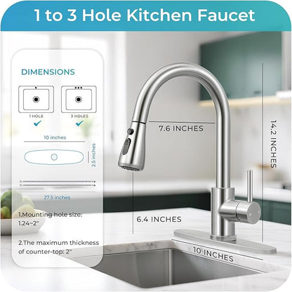 Kitchen Faucet with Pull Down Sprayer - Brushed Nickel Single Handle Kitchen Faucets, High Arc Stainless Steel Pull Out Kitchen Sink Faucet with Deck for RV Laundry Farmhouse Bar