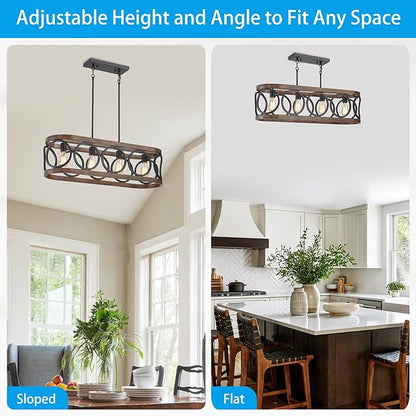 XINGQI 32.7" Kitchen Island Chandeliers Over Table Black Rectangular Linear Pendant Lighting Fixtures Farmhouse 4-Light Wood Grain Finish for Dining Room Living Room Bar Office Coffee Shop