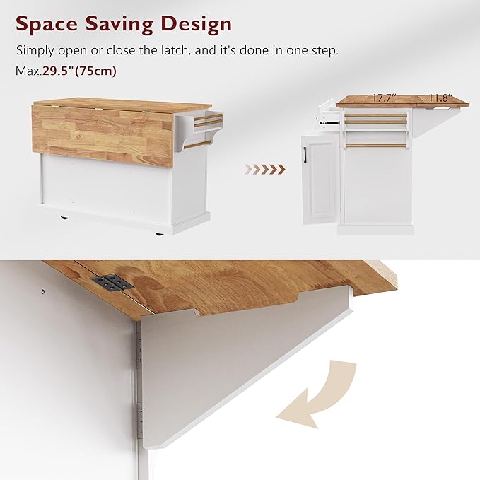 JIJIWANG 54" Large Kitchen Island with Drop Leaf and Storage, Embossed Texture Rolling Kitchen Cart on 4 Wheels with 4 Doors and 3 Drawers for Dining Room, White