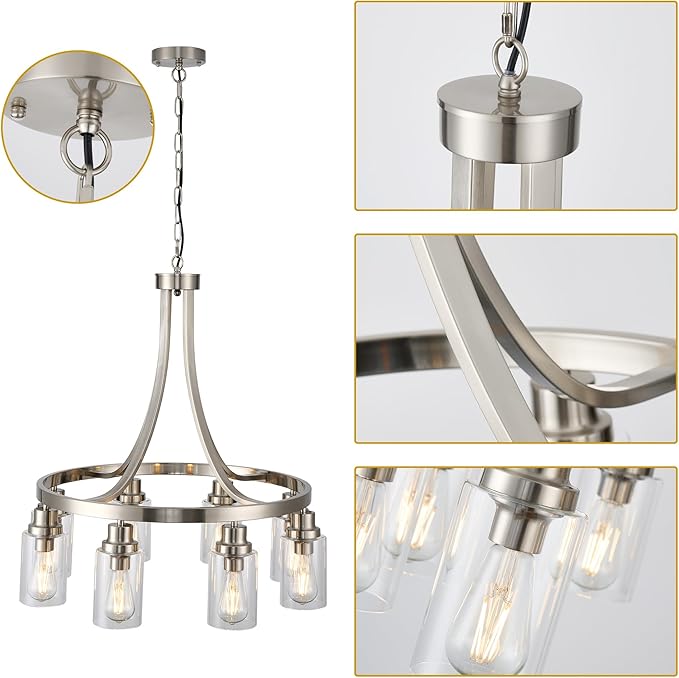 Dining Room Lighting Fixtures Hanging, Brushed Nickel for Kitchen Dining Room Living Room Kitchen Island Linear Pendant 8 Light Chandeliers with Clear Glass Shades