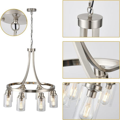 Dining Room Lighting Fixtures Hanging, Brushed Nickel for Kitchen Dining Room Living Room Kitchen Island Linear Pendant 8 Light Chandeliers with Clear Glass Shades