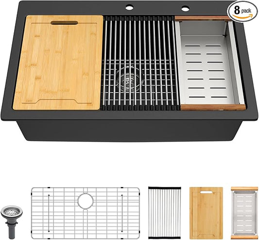 Lordear 33 Granite Composite Kitchen Sink Drop In Black Kitchen Sink 33x22 Workstation Topmount Sink Matte Black Quartz Above Counter Single Bowl Sink Basin