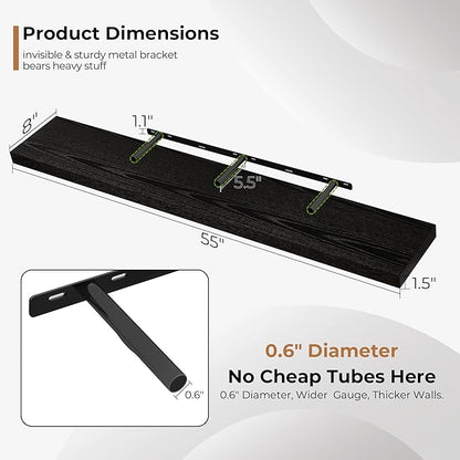 Fun Memories 55 Inch Floating Shelves for Wall, Fireplace Mantel Shelf with Invisible Heavy Duty Bracket, 8 Inch Deep Storage Shelf for Living Room, Kitchen, Farmhouse, Black (2-Pack)