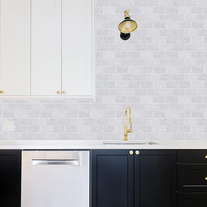 STICKGOO 10-Sheet Subway Tiles Peel and Stick Backsplash, Cinderella Grey Marble Look Stick on Tiles Kitchen Backsplash (Thicker Design)