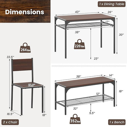 Giantex Dining Table Set for 4, Kitchen Table with Chairs & Bench, Storage Racks, Metal Frame, 4-Piece Space-Saving Dinette Set for Dining Room, Breakfast Nook, Small Space, Apartment, Walnut