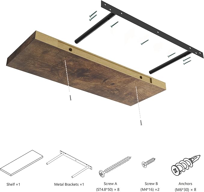 Wall Shelf Set of 1, Rustic Brown Floating Shelves 30 in W x 10 in D x 1 in H, Wooden Floating Wall Shelf with Invisible Brackets for Living Room/Bedroom/Bathroom/Kitchen Storage and Decor