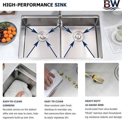 33 Inch Undermount Kitchen Sink Double Bowl - 16 Gauge Stainless Steel Undermount Double Bowl Workstation Kitchen Sink 50/50, 33x19 Inch