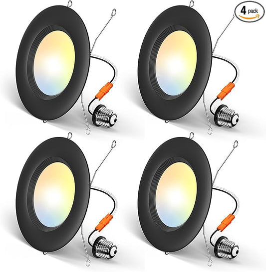 Amico 4 Pack 5/6 inch 5CCT LED Recessed Lighting, Dimmable, 12.5W=100W, 950LM, 2700K/3000K/4000K/5000K/6000K Selectable, Retrofit Can Lights with Baffle Trim, IC Rated - ETL & FCC, Black